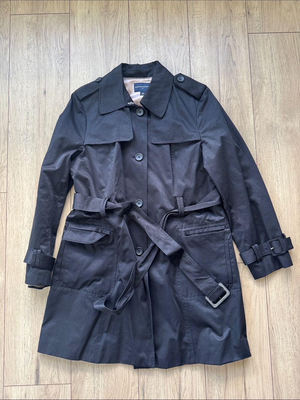 Banana Republic Men’s XL Black Cotton Blend Belted Trench Coat Casual Longsleeve